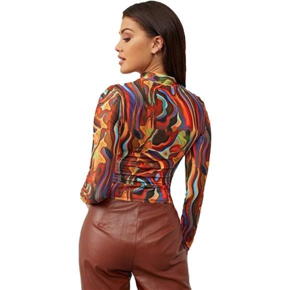 Women's Mock Neck Long Sleeve Fitted Graphic Print T-Shirt Tee Tops - Picture 4 of 5